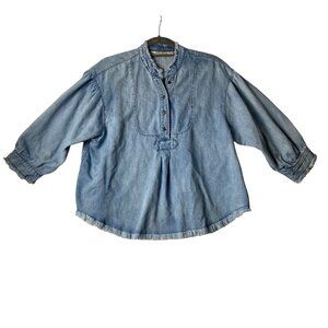 Anthropologie Holding Horses Women Small Denim Blue Frayed Hem Tunic Linen Blend
